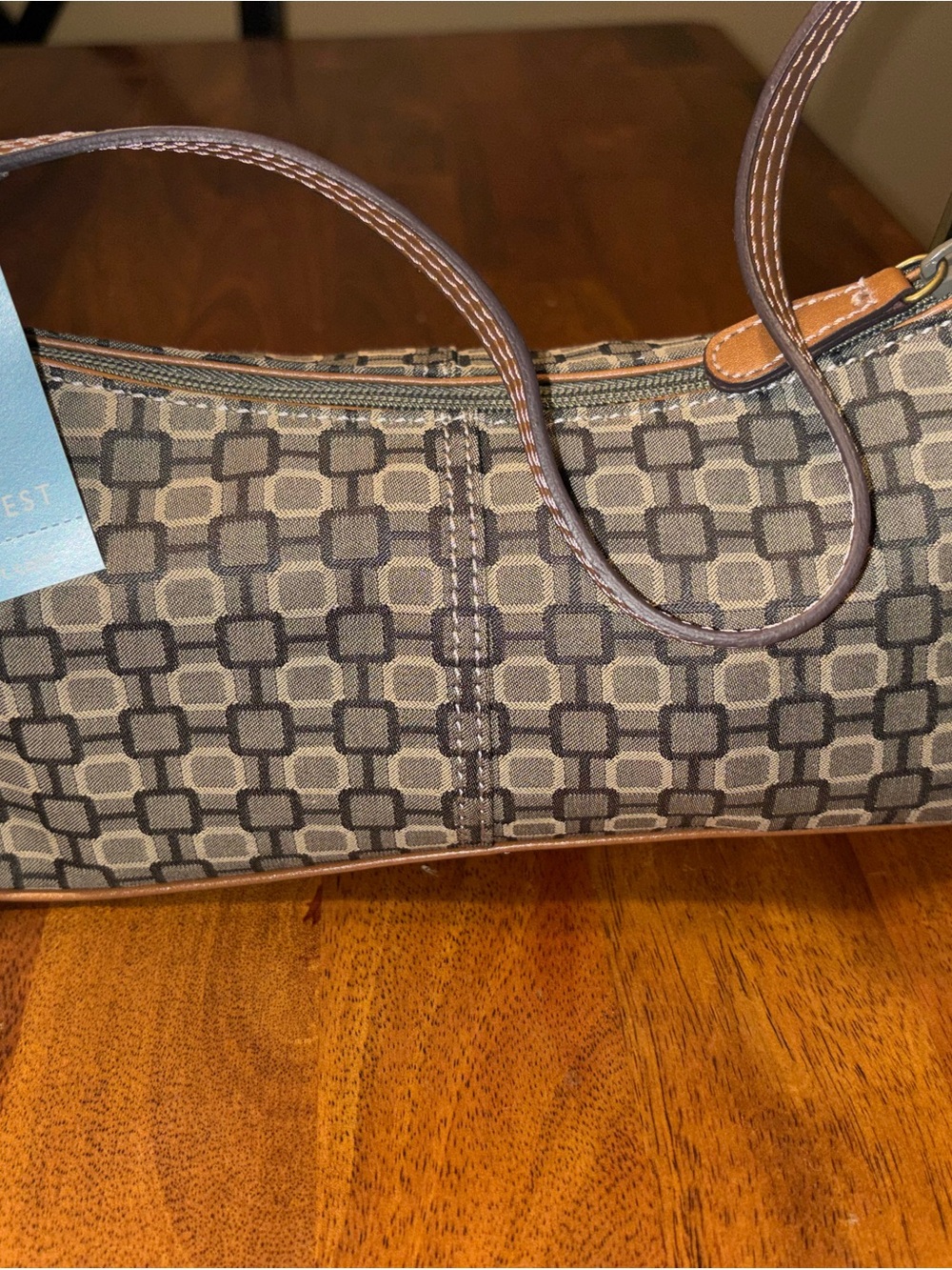 Nine West Olive Geometric Canvas Shoulder Bag with Brown Trim